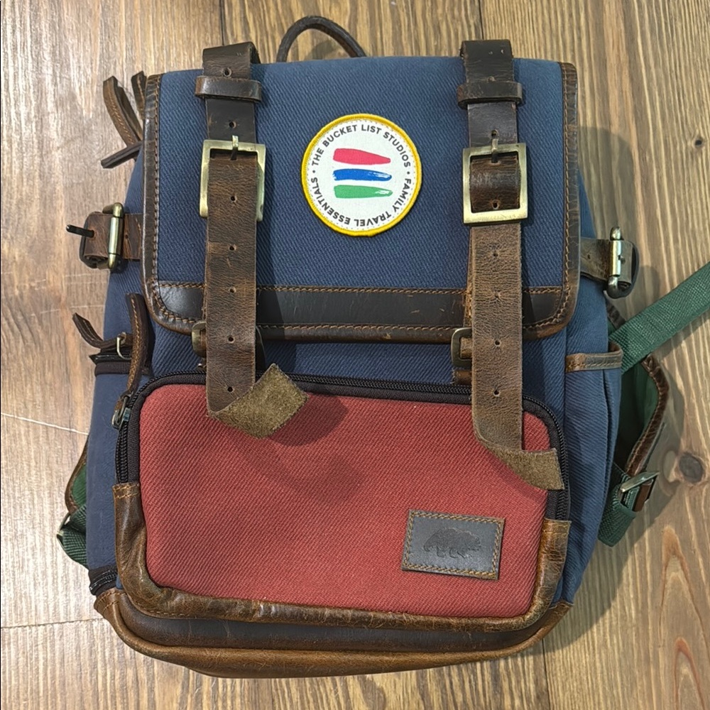 Kodiak Kids Bucket list Stylish Blue and Red Leather-Trimmed Backpack